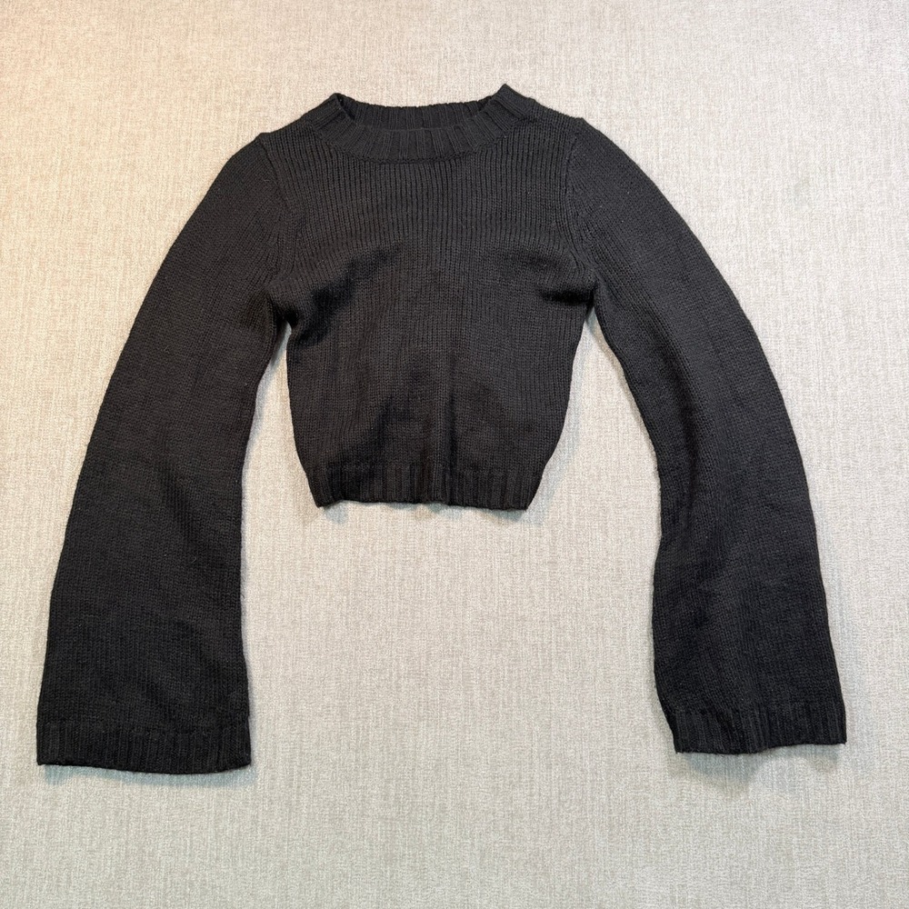 Tobi Black Cropped Bell Sleeve Ruched Back Sweater Small